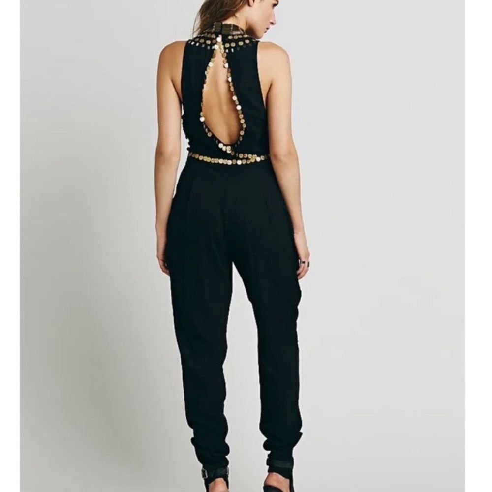 Free People Bohemian Soul Gold Coin Embellished Black Halter Neck Catsuit Size 4 - Picture 2 of 16